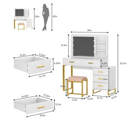 Smart FENDEE 39” White Vanity Desk with Mirror and 10 LED Lights, Makeup Vanity Table Set with Storage Drawer, Chair and Shelves, Dressing Table for Bedroom, Ideal Vanity Set for Girls Women
