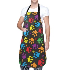 Hysing Colorful Dog Paw Print Cooking Apron For Women Men With Pockets,Colored Dog Footprint Oxford Cloth Kitchen Apron With Adjustable Neck For Home Waitress Chef Baking/Bbq Waterproof 28x33 Inches