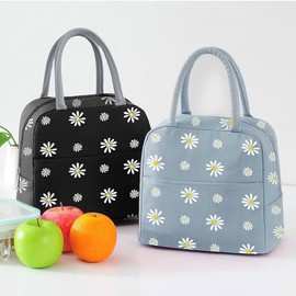 OTKARXUS Insulated Lunch Bag for Women,Portable Waterproof Lunch Box Cooler Bag with Daisy Pattern and Pocket,Lunch Bag for Adults Girls Kids School Work Picnic Travel (C Gray Blue)