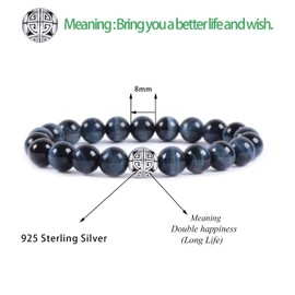 MetJakt Natural 8mm Gemstones Healing Crystal Stretch Beaded Bracelet Bangle with 925 Sterling Silver Double Happiness Pendant (ZJBLU)