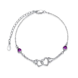 Purple Anklet for Women Sterling Silver Anklets Double Heart Anklets Amethyst Anklet Summer Jewelry Heart Beach Foot Anklet February Birthstone Valentine's Day Wedding Jewelry for Bride Friend