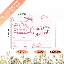 Mueddur Bridal Shower Invitations With Envelopes, She's Tying The Knot Wedding Invites, Pink Bow Bachelorette Party Decorations, Pack of 25 Fill-in Invitation Cards -12