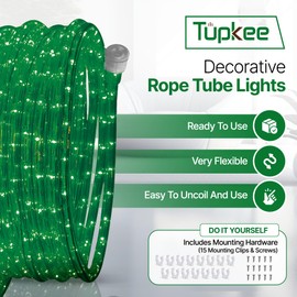 Tupkee LED Rope Light Green - for Indoor and Outdoor use, 24 Feet (7.3 m) - 10MM Diameter - 144 LED Long Life Bulbs Rope Tube Lights