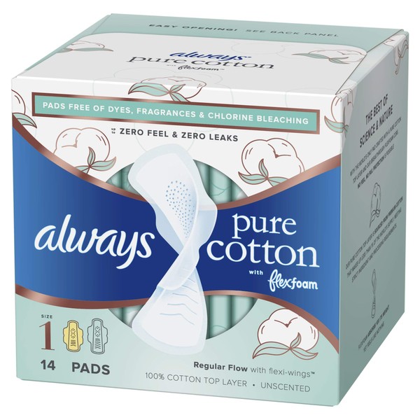 Always Pure Cotton with Flexfoam Pads, Size 1,Regular Absorbency (3 Packs of 14-36 Count Total)