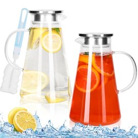 SUPERLELE 2 pack 1800ml Glass Pitcher with Lid and Spout, Glass Carafe for Hot/Cold Water, Large Iced Tea Pitcher for Coffee, Juice and Homemade Beverage, wedding party