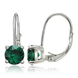 Sterling Silver Created Emerald Round Prong-Set Leverback Earrings