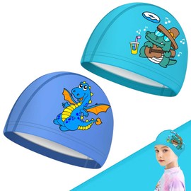 2 Stück Badekappe Kinder, Badekappe Lange Haare Wasserdicht Schwimmkappe PU, Swimming Cap Silikon mit Cartoon Muster für Kinder Von 6-12 Jahren, Blau