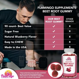 Flamingo Supplements Sugar Free Nitric Oxide Beet Root Gummies - Beet Root Chewables for Athletic Performance, Nitric Oxide Booster, Energy, Blood Flow and Circulation - 90 Beets Root Gummy Chews.