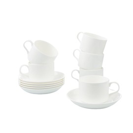 Fine Bone China Stackable Cup and Saucer Set of 6, Pure White Color Glaze Easy to Clean, 6 oz Capacity for Espresso & Cappuccino, Thin and Lightweight Comfortable to Hold, Microwave & Dishwasher safe