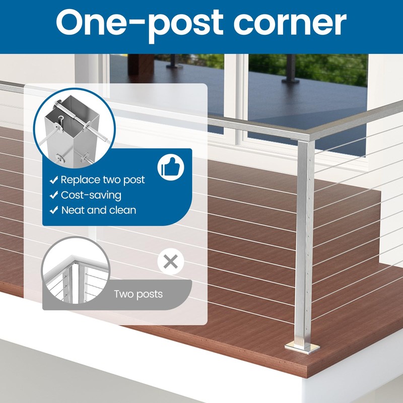 Muzata Brushed Corner Cable Railing Post T-drilled 36"x2"x2" Surface Mount
