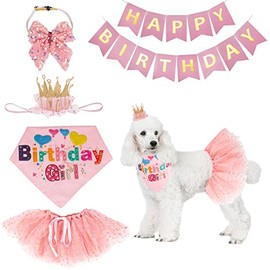 ADOGGYGO Dog Birthday Hat Bandana Girl - Dog Puppy Birthday Party Supplies - Pink Dog Tutu Birthday Dog Hat Scarf Bow Happy Birthday Banner Set (Pink-2)