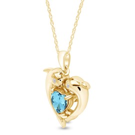 AFFY Heart Simulated Aquamarine & White Cubic Zirconia Heart Frame Double Dolphin Pendant Necklace in 14k Yellow Gold Over Sterling Silver