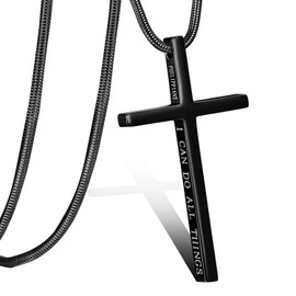 YOUFENG Cross Necklace for Men Baseball Pendant I CAN DO ALL THINGS STRENGTH Bible Verse Stainless Steel Necklace (Bible black cross)