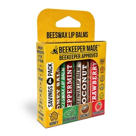 Beeswax Lip Balm 4 Pack | Honey, Peppermint, Coconut & Strawberry | Made with Honey & Beeswax | Moisturizing Lip Care | Beekeeper Approved | Made in USA