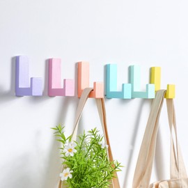 Teenyyou 6 Pack Cute Kids Coat Wall Hooks Wooden Decorative Adhesive Macaron Pastel Colorful Wall Mounted Heavy Duty Hooks for Keys Hat Coat Shower Curtain Playroom Bathroom Decor
