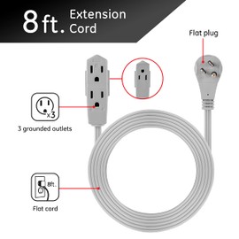 GE, Gris, Cable de extensión para Interiores, Cable de alimentación Extra Largo de 8 pies, 3 tomacorrientes con conexión a Tierra, Enchufe Plano, Calibre 16, listado en UL, 43027, 1 Paquete