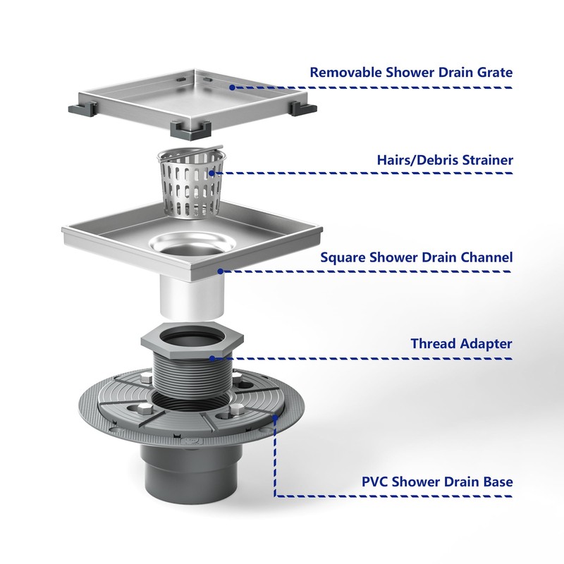 Bernkot Square Shower Drain 6" with 2" PVC Flange Base,