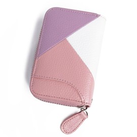 Womens Credit Card Holder Wallet Zip Leather Card Case RFID Blocking Ladies Small Blocked Accordion Wallets with Stainless Steel Zipper Woman Compact Accordian ID Cards Bag (Pink/ Purple/ White)