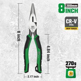 SK 8-Inch Long Nose Pliers, Needle Nose Pliers, Premium CR-V Steel Construction, Ergonomic Non-slip Handle for Comfortable Grip