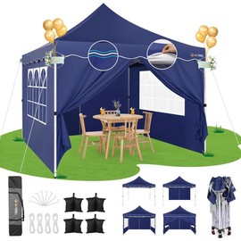 HOTEEL 10x10 Pop Up Canopy Tent for Parties with 4 Sidewalls,One Person EZ Setup, Thickened 0.6mm Cross Tubes for Added Height - Color: Deep Blue