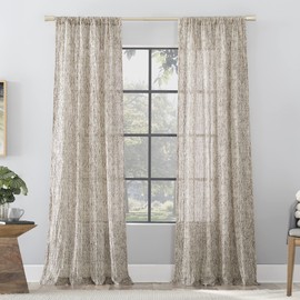 Scott Living Tulin Watercolor Print Sheer Rod Pocket Curtain Panel, 50" x 96", Pecan Brown