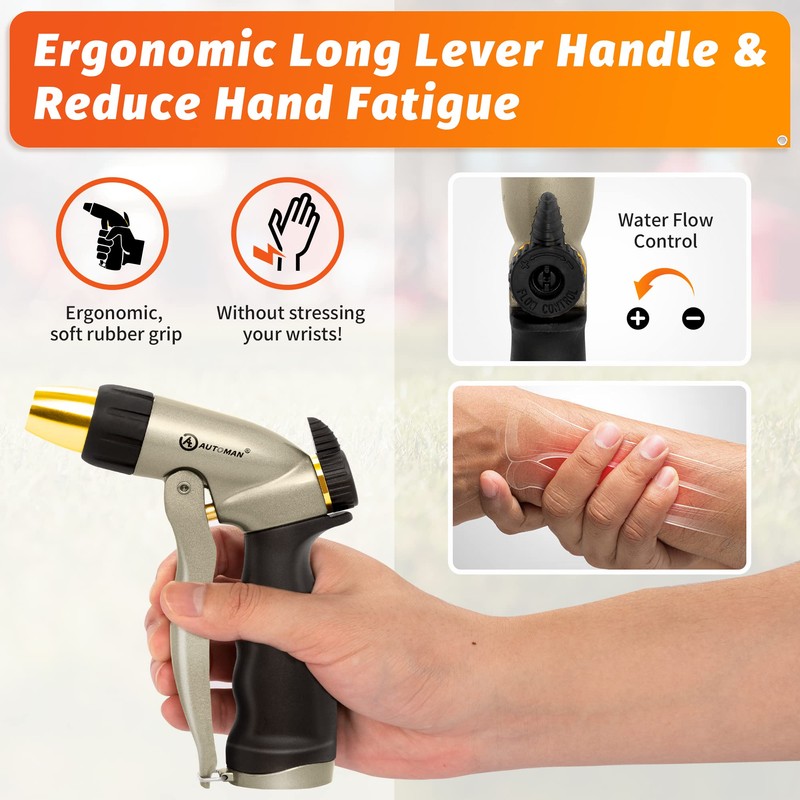 AUTOMAN Garden Hose Nozzle - 100% Metal High Pressure Spray