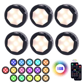 Led Puck Lights with Remote Control, UYICOO Wireless Color Changing Dimmable Under Cabinet Lighting, 3500K Battery Operated Stick on Lights with Timing, Under Counter Lights for Closet (6 Packs).