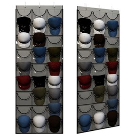 Unjumbly Baseball Hat Rack, 27 Pocket Over-The-Door Hat Organizer with Clear Deep Pockets to Display Baseball Caps Collection, Complete with 3 Over Door Hooks (Grey, 27 Pockets)