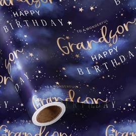 RUSPEPA Birthday Wrapping Paper Roll for Grandson - Mini Roll - TO A WONDERFUL Grandson and HAPPY BIRTHDAY Text Pattern Great for Grandson's Birthday, Party and Any Occasion - 17 Inches X 16.4 Feet
