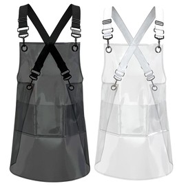 MIKI WELL 2 Pieces Waterproof Vinyl Aprons,Hairstylist Transparent Aprons with Adjustable Wide Shoulder Straps, Women Barber Salon Chef Nail Technician to Keep Clean (black+transparent)