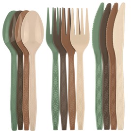 Kochorie 360 Pcs Woodland Plastic Silverware Disposable Flatware Plastic Cutlery Brown Sage Green Forks, Knives and Spoons Set Serving Silverware for Picnic Outdoor Forest Party Supplies
