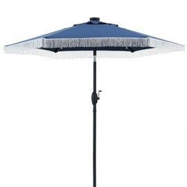 PUPZO 7.5 ft Patio Umbrella with Fringe Outdoor Tassel Umbrella With Led Lights (Navy Blue)