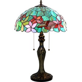 ZJART Tiffany Table Lamp Stained Glass Lamp 16X16X24 Inch Antique Reading Light (Green Red Flowers)