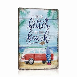 ESFIVHO Set of 5 Tin Sign Beach Sea Landscape – Metal Sign with Saying – THE BEACH IS MY HAPPY PLACE – LIFE IS BETTER AT THE BEACH – DIE SEELE BRAUCHT SEELUFT – Vintage Sign Gift