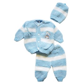 Newborn Baby Boy's Girl's Unisex Warm Winter 3 Pieces Crochet Set, Blue, 0-6 Months