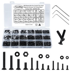 FandWay M2 M2.5 M3 Screws Set, 900 Pieces Countersunk Screws with Hexagon Socket Threaded Screws, Hex Screws Flat Head Screws Black Machine Screws Nuts and Washers Kit