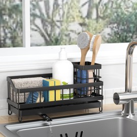 Huilaimi Sponge Holder for Kitchen Sink, Sink Caddy with High Brush Holder, Rustproof and Strong, anti slip, Self Draining spout is ideal, Keep Countertop Cleaning, Black