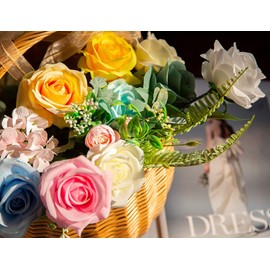 DuHouse 10pcs Fake Roses Artificial Silk Flowers Faux Rose Flower Long Stems Bouquet for Arrangement Wedding Centerpiece Party Home Kitchen Decor(Pure Yellow)