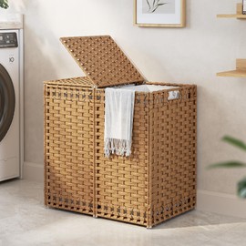 170L Foldable Laundry Hamper with Lid - Handwoven Rattan Storage Basket, 2-Section Clothes Hamper w/2 Removable Liner Bags, Easy Assembly, Portable for Bedroom Bathroom Dorm,Natural