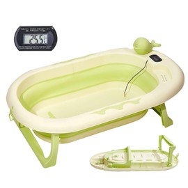 TINY TOTZ Collapsible Baby Bathtub with Thermometer - Infant Bathtub with Drainage Hole - Baby Bathtub Newborn to Toddler 0-36 Months - Portable - Green