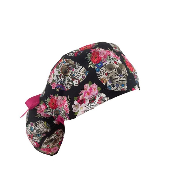 Ponytail Medical Scrub Cap. Esperanza – Sugar Skulls and Flower