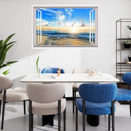 ANHUIB 3D Fake Window Wall Sticker Seagull Beach Wall Stickers Seaside Landscape Wall Stickers 3D Sea View Wall Art for Living Room Mural Decals for Bedroom Bathroom Removable Seascape Decals 84×52cm
