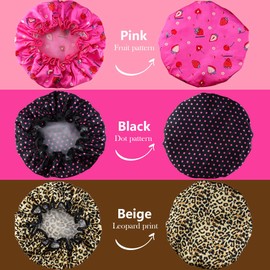 3 Pack Reusable Bath Hair Caps With Silky Satin Waterproof Reusable Bath Caps Hair Cap Elastic Band Bathing Shower Hat Waterproof Double Layered Shower Cap for Women Hair Care