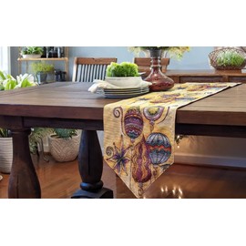 DaDa Bedding Bohemian Ornaments Tapestry Table Runner - Festive Golden Christmas Holiday Glowy Starry Magical Lantern Lamps - Needle Stitched Linen Woven Kitchen Dining Mats - Oversized 13" x 120"