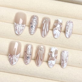 LBPEPAMZ 30Pcs Summer Shell Press on Nails Medium Almond Fake Nails with 3D Starfish Star Pearl Design White Brown French Tip Acrylic Nails False Nails Ombre Full Cover Stick on Nails for Manicure DIY