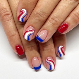 4th of July Square Press on Nails Medium Nails Press ons Red Blue White Swirl Fake Nails Independence Holiday Acrylic Nails Blue French False Nails Glossy Stick on Nails for Women 24Pcs