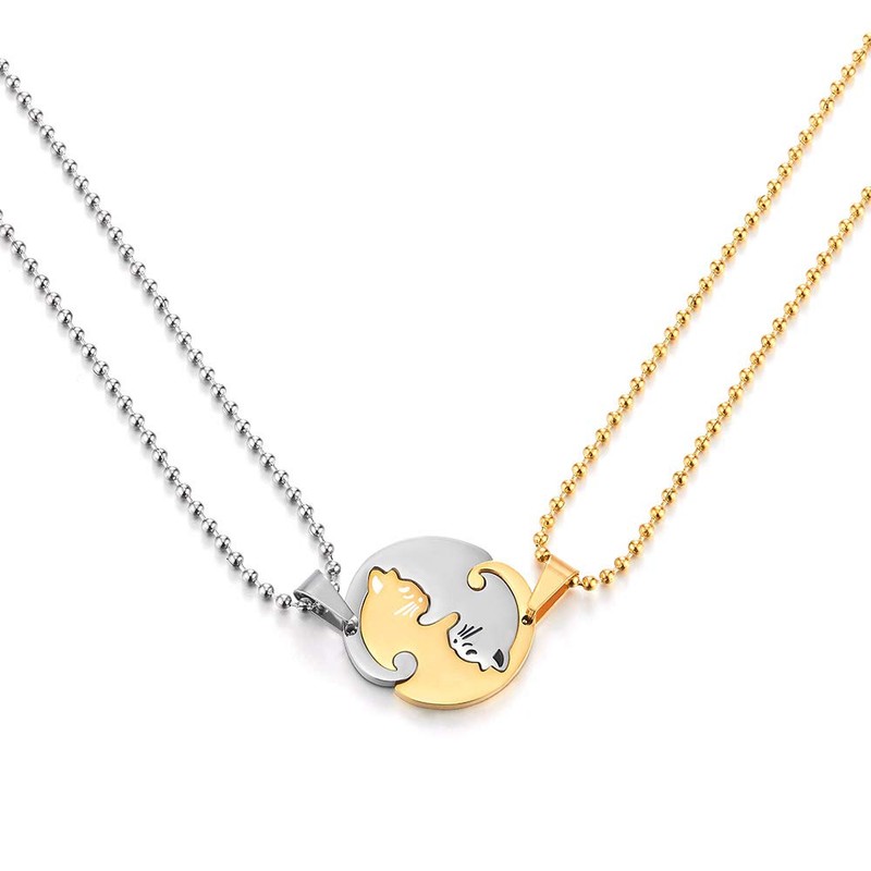 COOLSTEELANDBEYOND Pair Steel Gold Silver Matching Kitty Cat Friendship Pendant