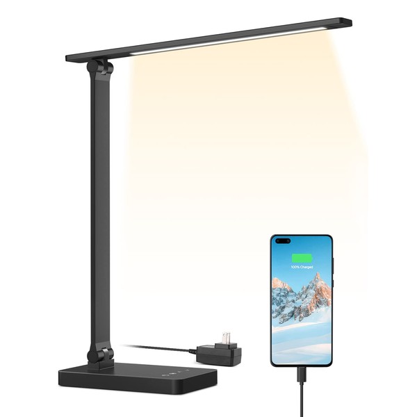 Lepro Desk Light, LED, Eye Friendly, AC Adapter Included, Desk Stand, USB Port, Ultra Brightness, Supports Both Lighting and Device Charging, (Bulb Color, White, Daylight, Touch Sensor Control, Toning Dimming, Bright, 5 Levels of Brightness, Multi-Angle 