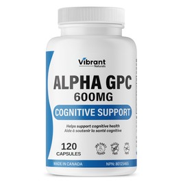 BONUS SIZE Alpha GPC 99% - 120 Capsules, Choline Brain Supplement for Acetylcholine, Supports Cognitive Health, Brain Function, Non-GMO, Gluten Free, Made In Canada by Vibrant Naturals