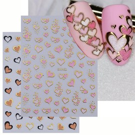 2 Sheets Valentine's Day Nail Stickers for Nail Art 3D Self-Adhesive Heart Nail Art Stickers Decals Full Wraps Spring Retro Pink Heart Gold Glitter Valentine's Nail Stickers for Women Nails Supplies